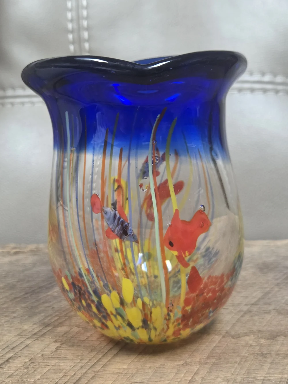 Vintage Murano Style Art Glass Blown Tropical Fish Aquarium Vase ~ B1N